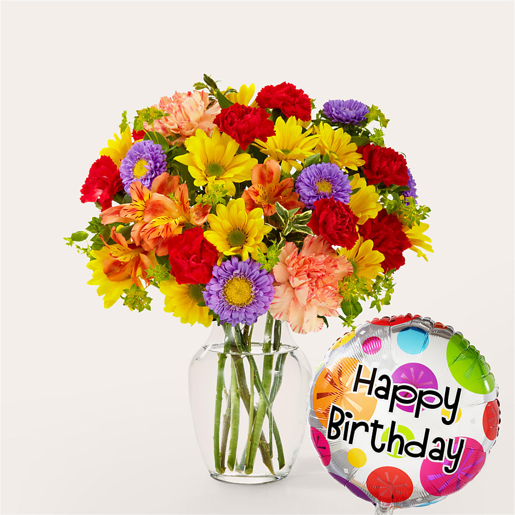 Kaleidoscope Bouquet with Birthday Balloon – Distinctive Design Studio Llc, Ham Lake MN