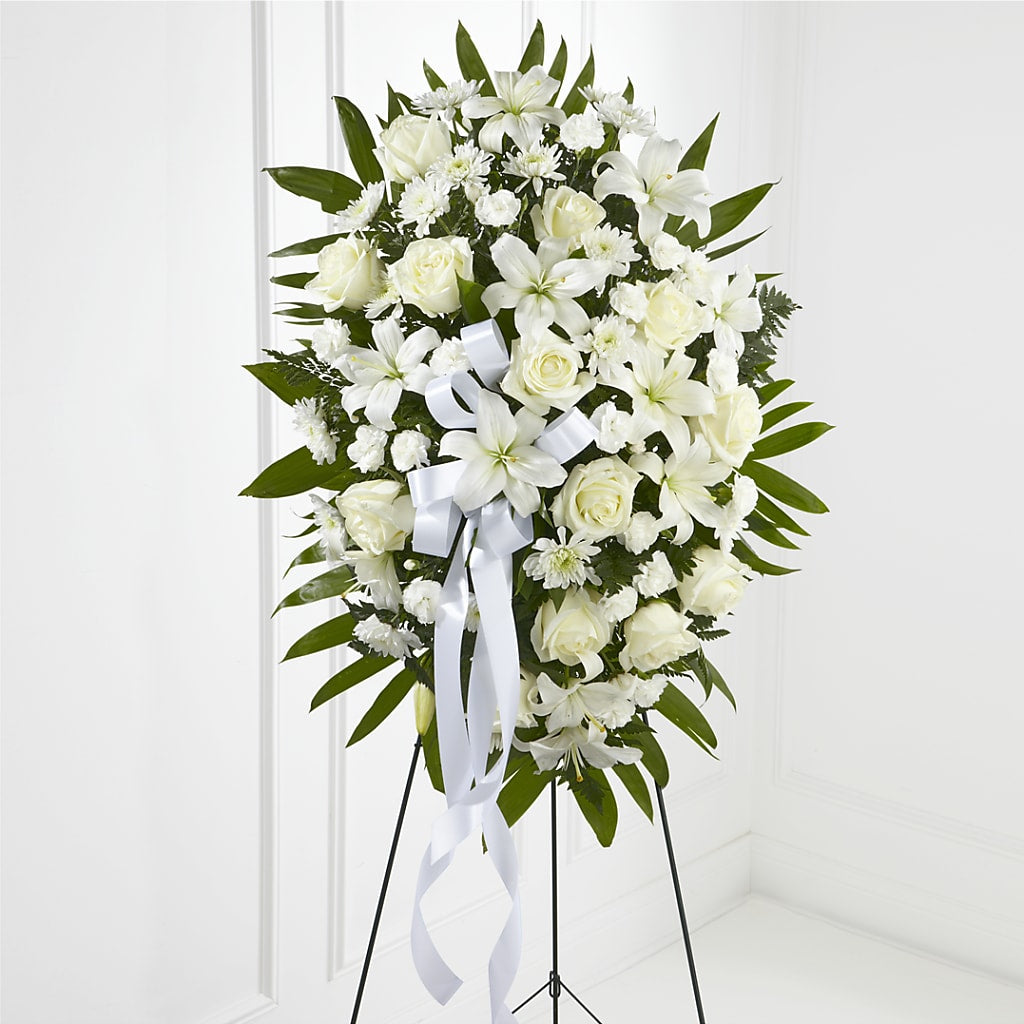Exquisite Tribute Standing Spray-White Ribbon – Distinctive Design Studio Llc, Ham Lake MN
